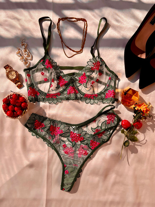 Elegant Green and Pink Floral Lingerie Set