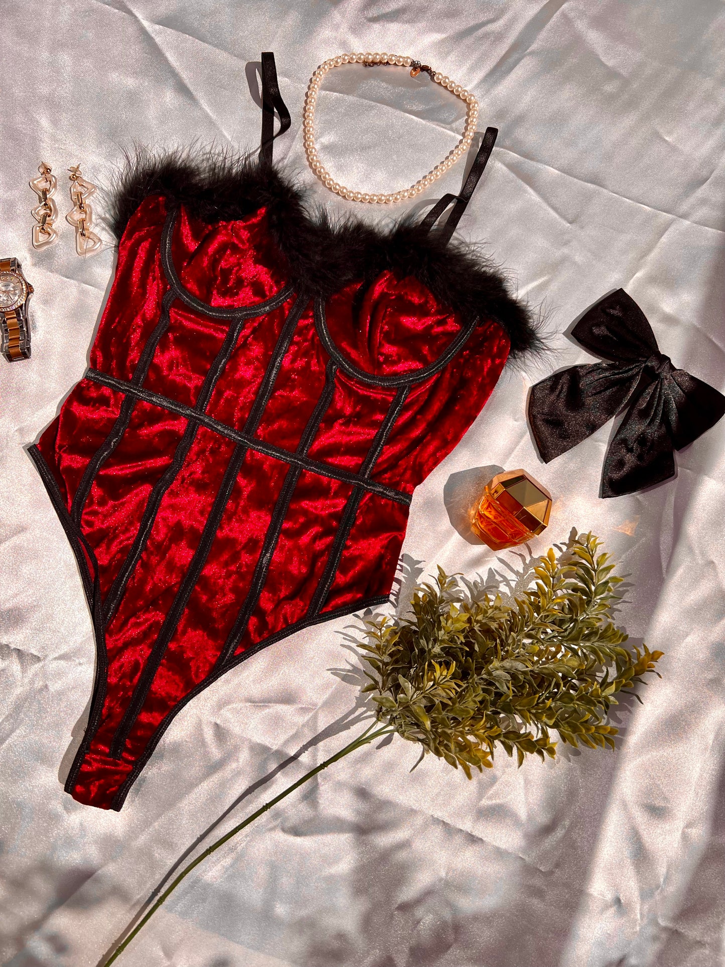 Royal Red and Black Velvety Lingerie