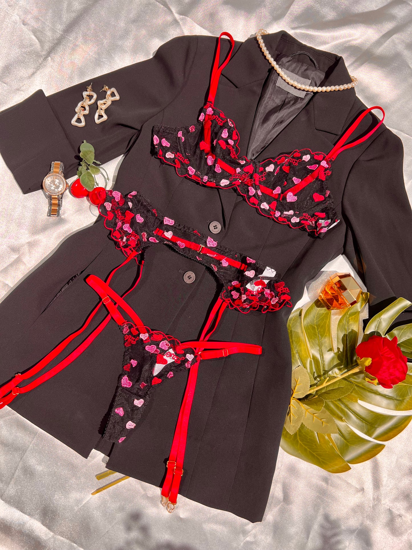 Flirty Red and Pink Heart Lingerie Set