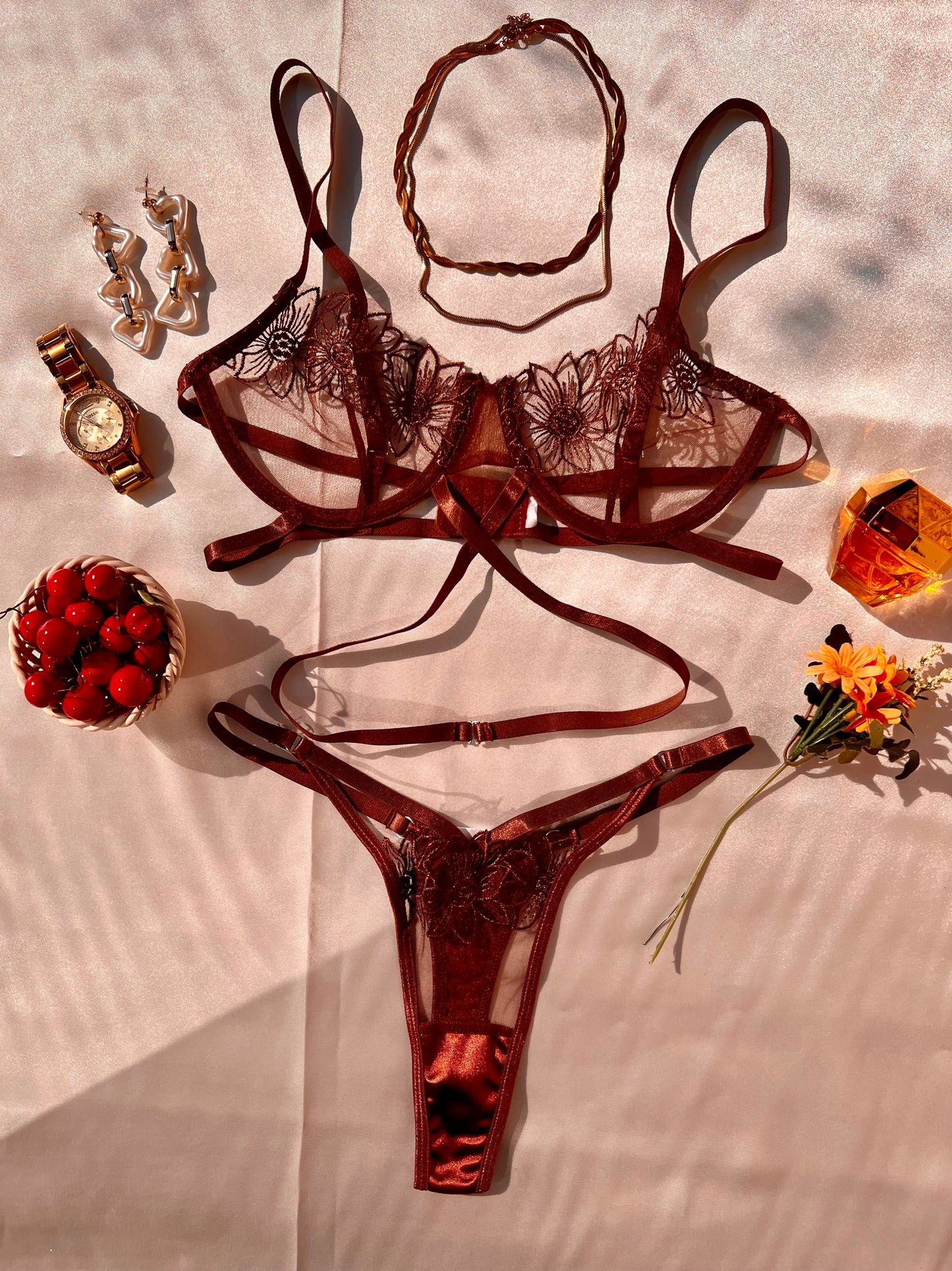 Elegant Satin and Floral Brown Lingerie Set