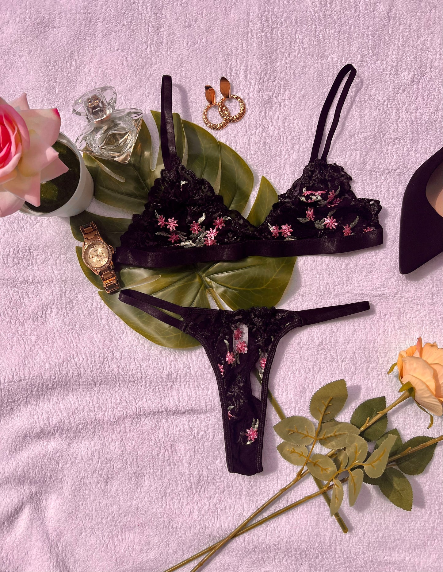 Feminine Floral Black Lingerie