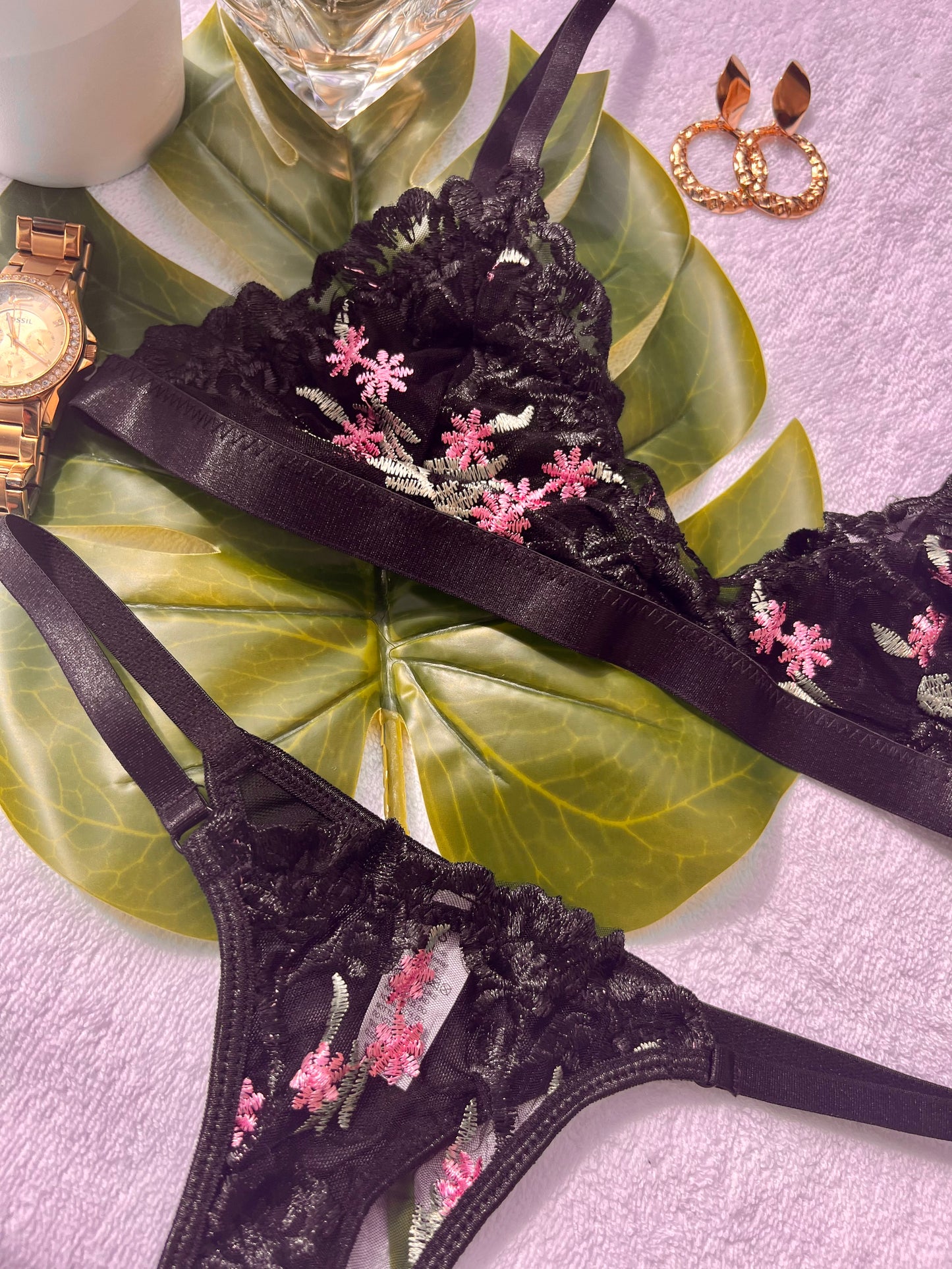 Feminine Floral Black Lingerie