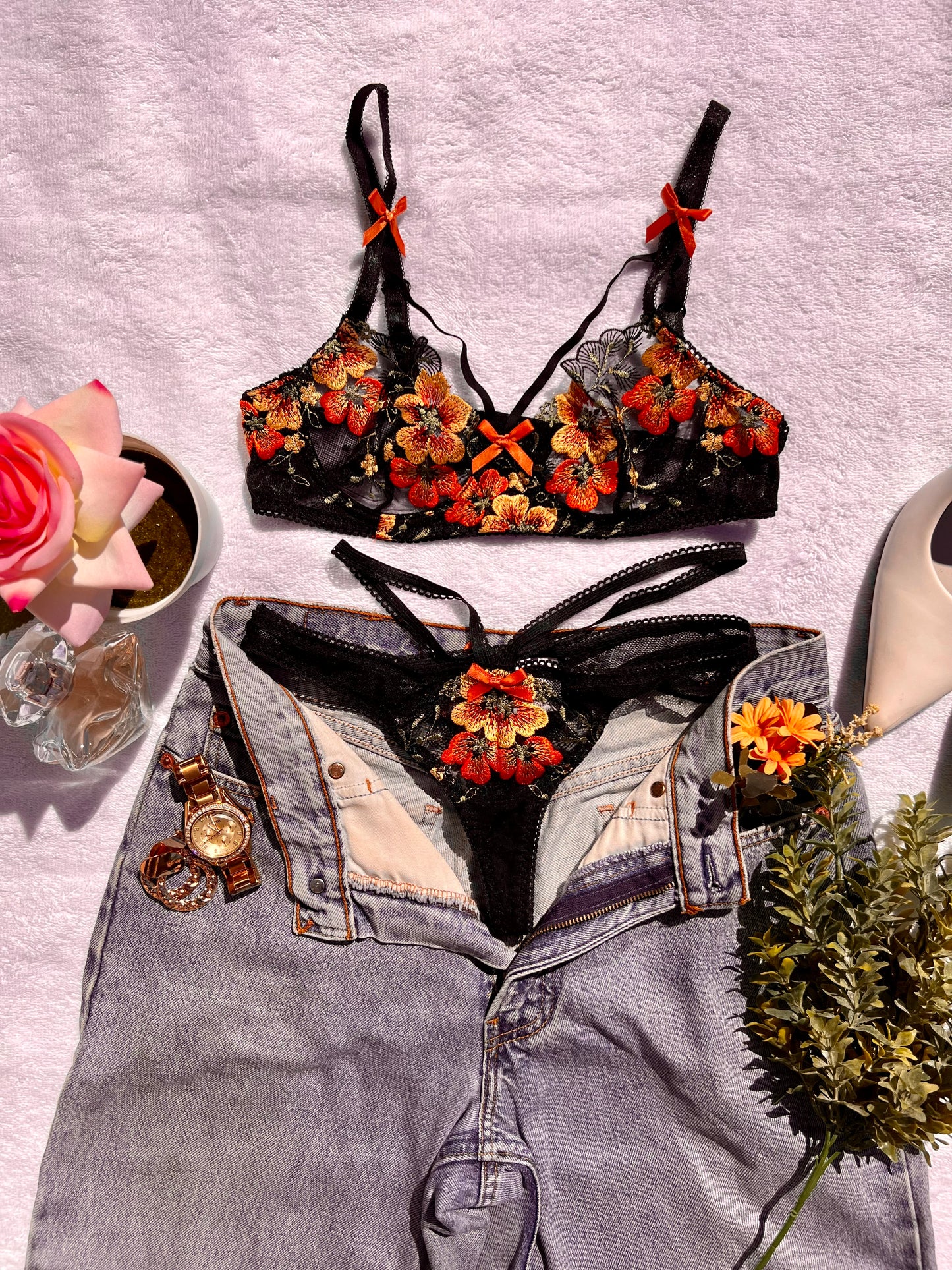 Orange and Yellow Flower Black Lingerie