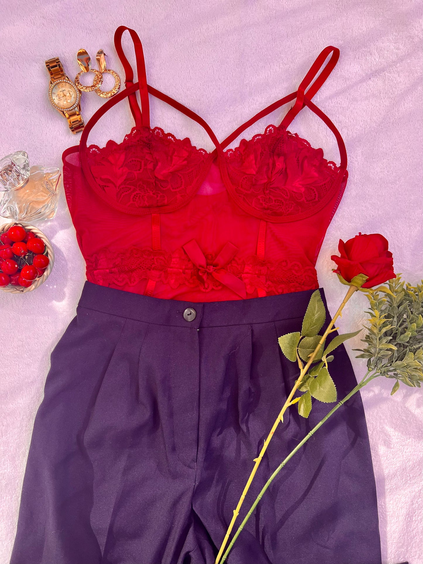 Alluring Ruby Maroon Bow Lingerie