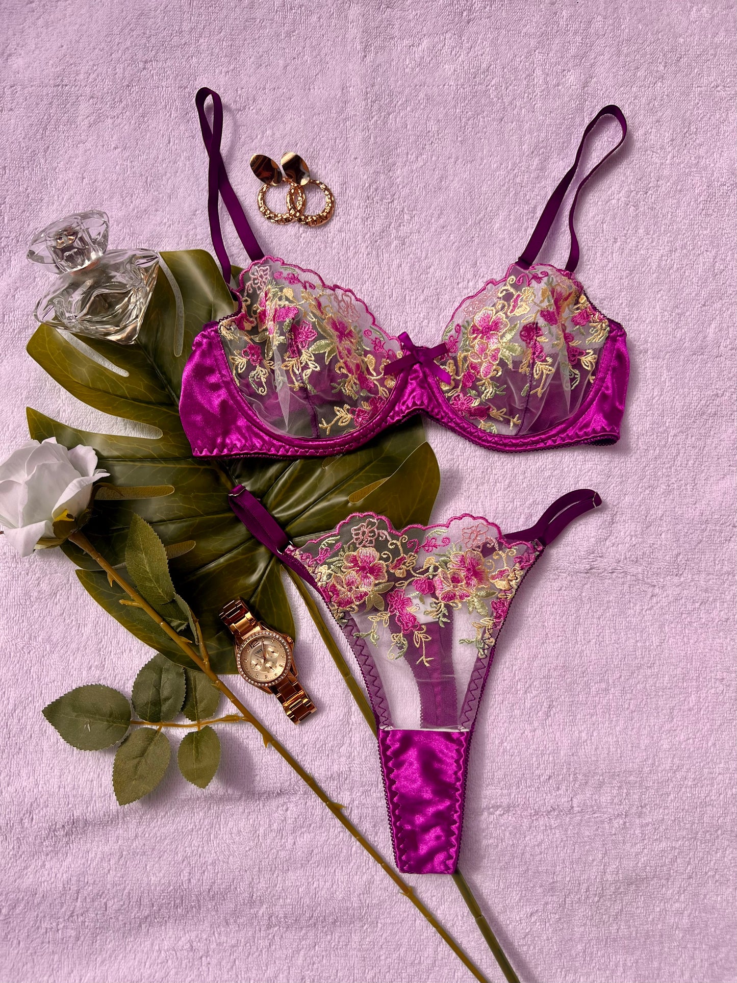 Floral Purple Satin and Mesh Lingerie