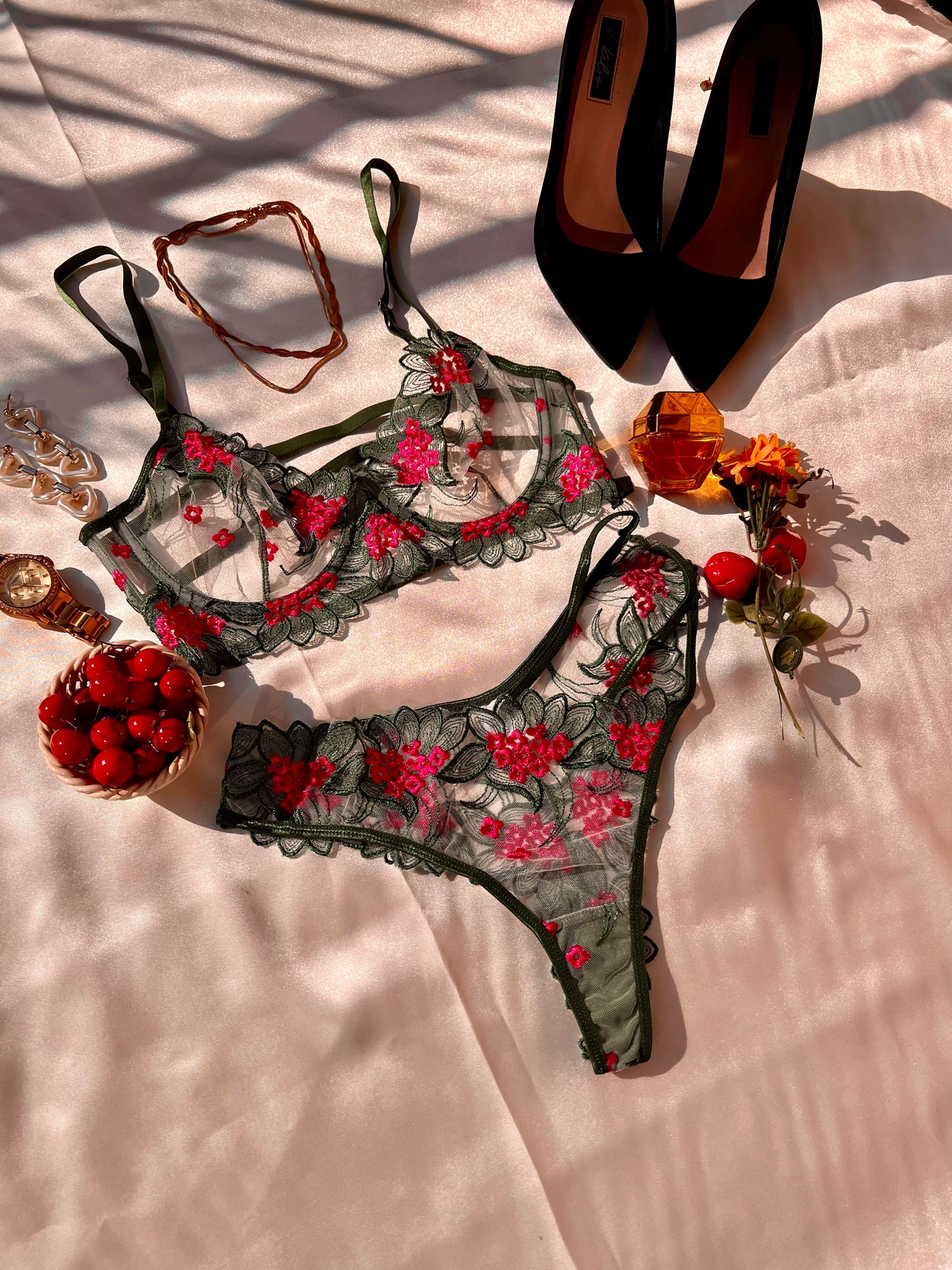 Elegant Green and Pink Floral Lingerie Set