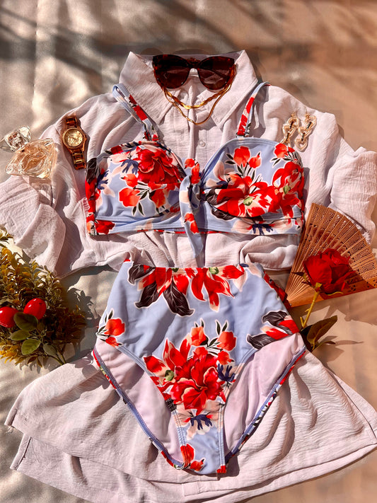 Charming Blue & Red Floral Swimwear - 2 piece