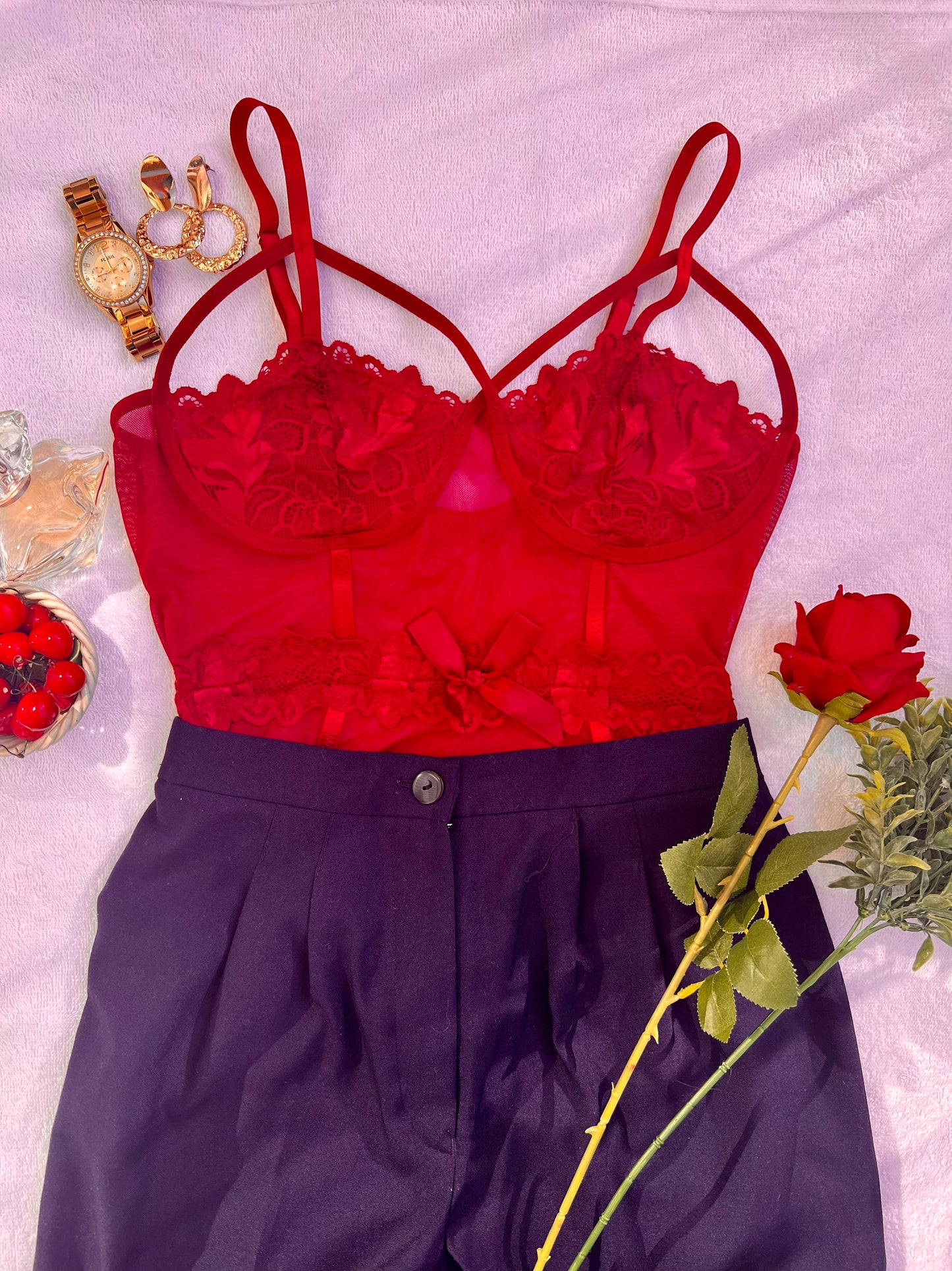 Alluring Ruby Maroon Bow Lingerie