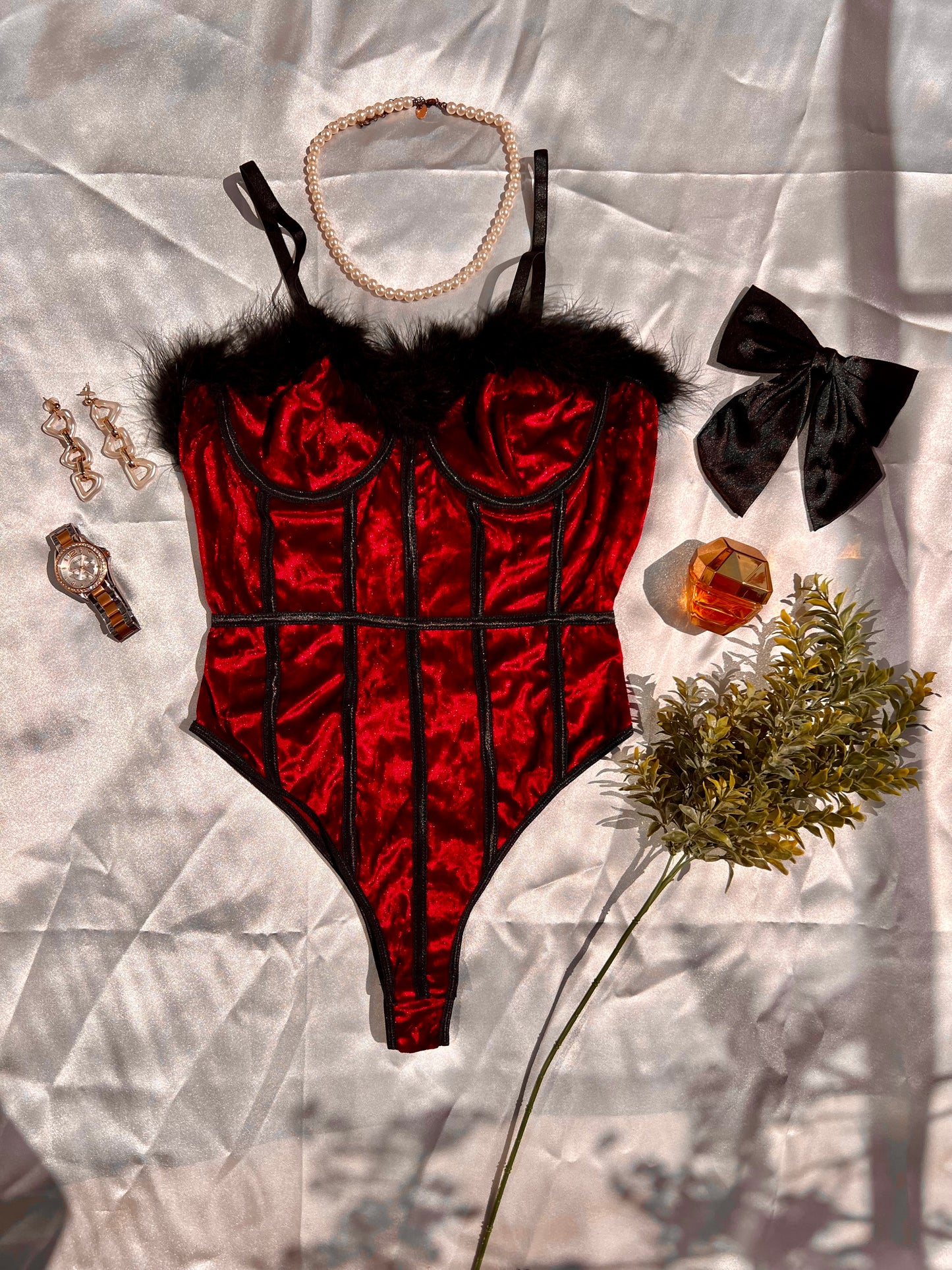 Royal Red and Black Velvety Lingerie