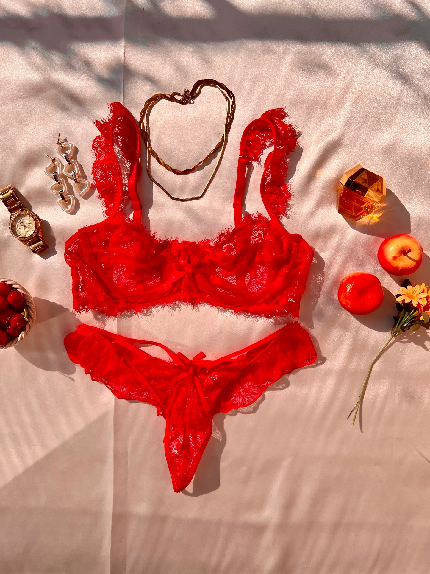 Fiery Red Sheer and Lace Lingerie Set