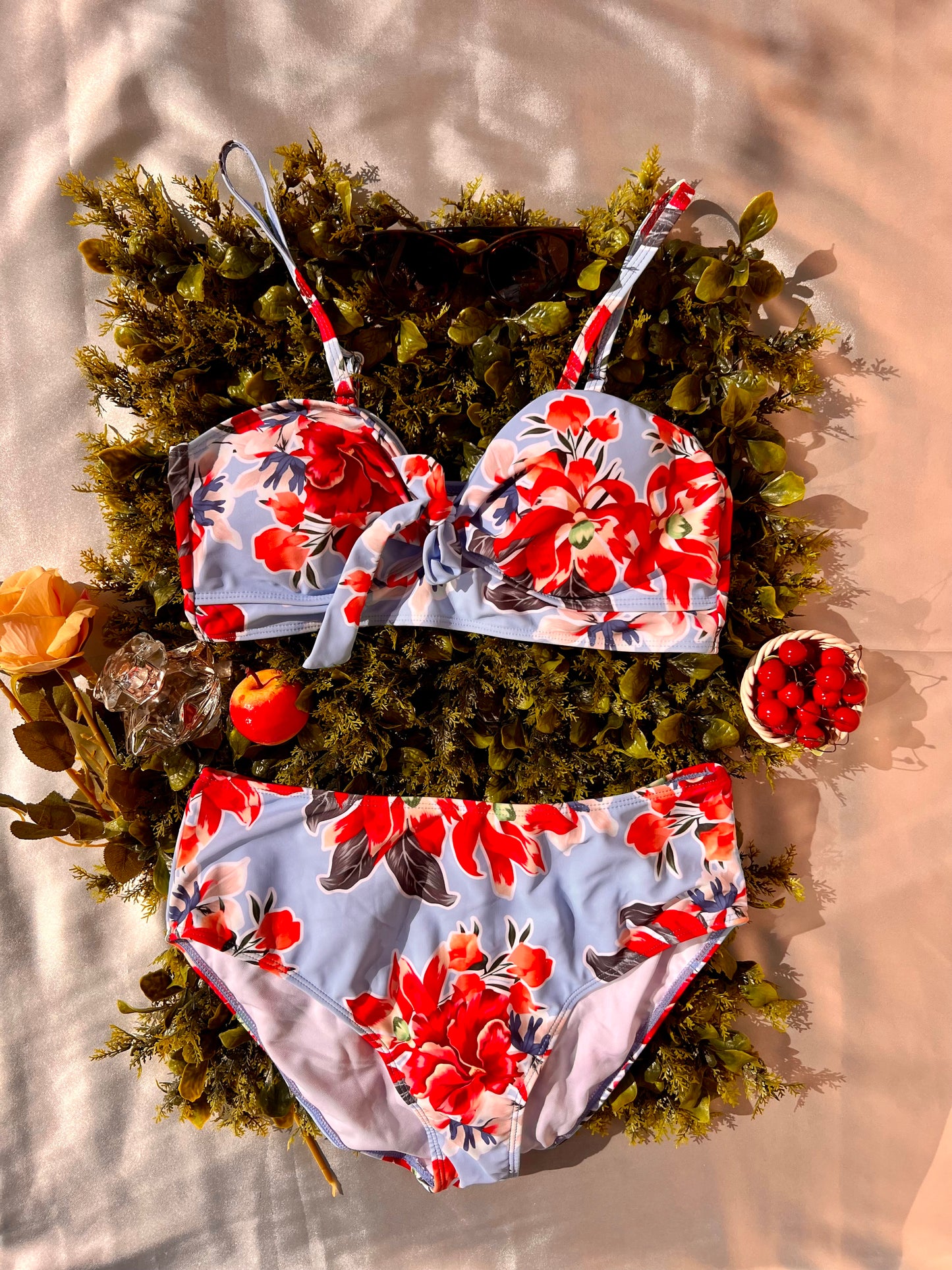 Charming Blue & Red Floral Swimwear - 2 piece