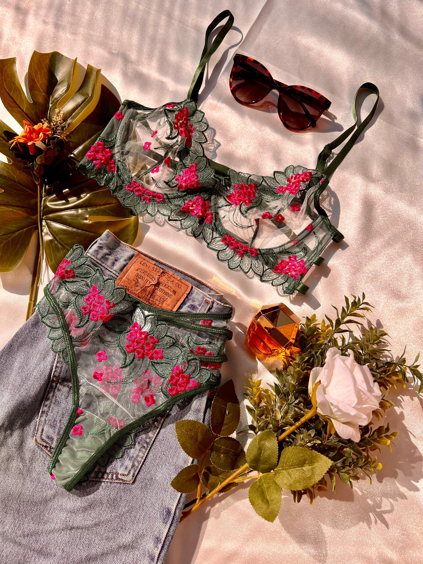 Elegant Green and Pink Floral Lingerie Set