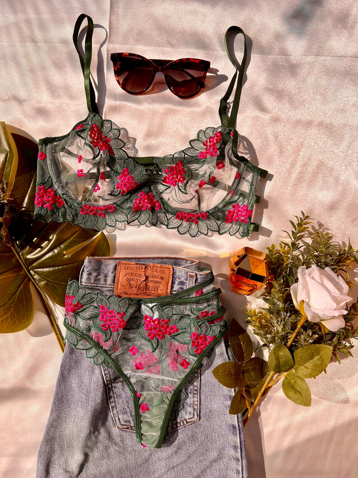 Elegant Green and Pink Floral Lingerie Set