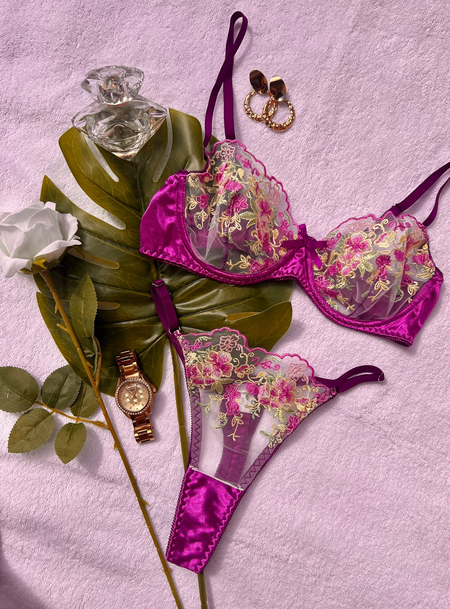 Floral Purple Satin and Mesh Lingerie