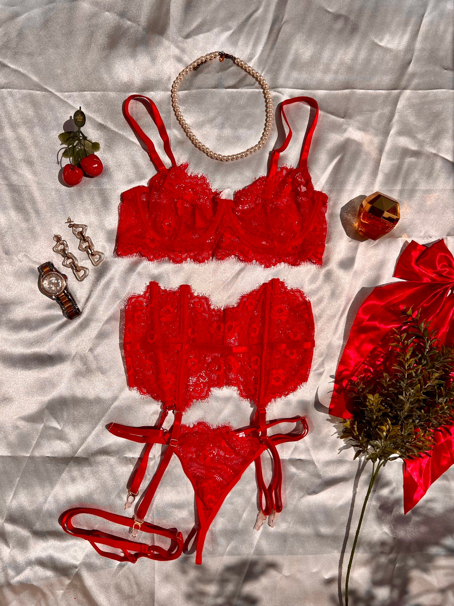 Elegant Fire Red Sheer Lingerie Set