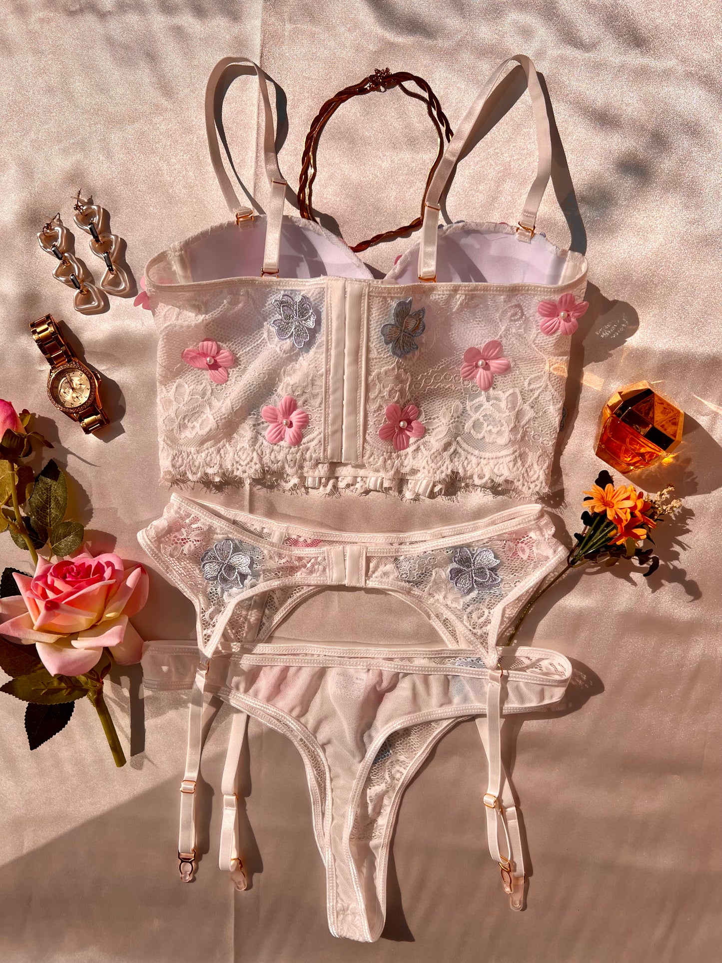 Captivating White Floral Lingerie Set with Stockings