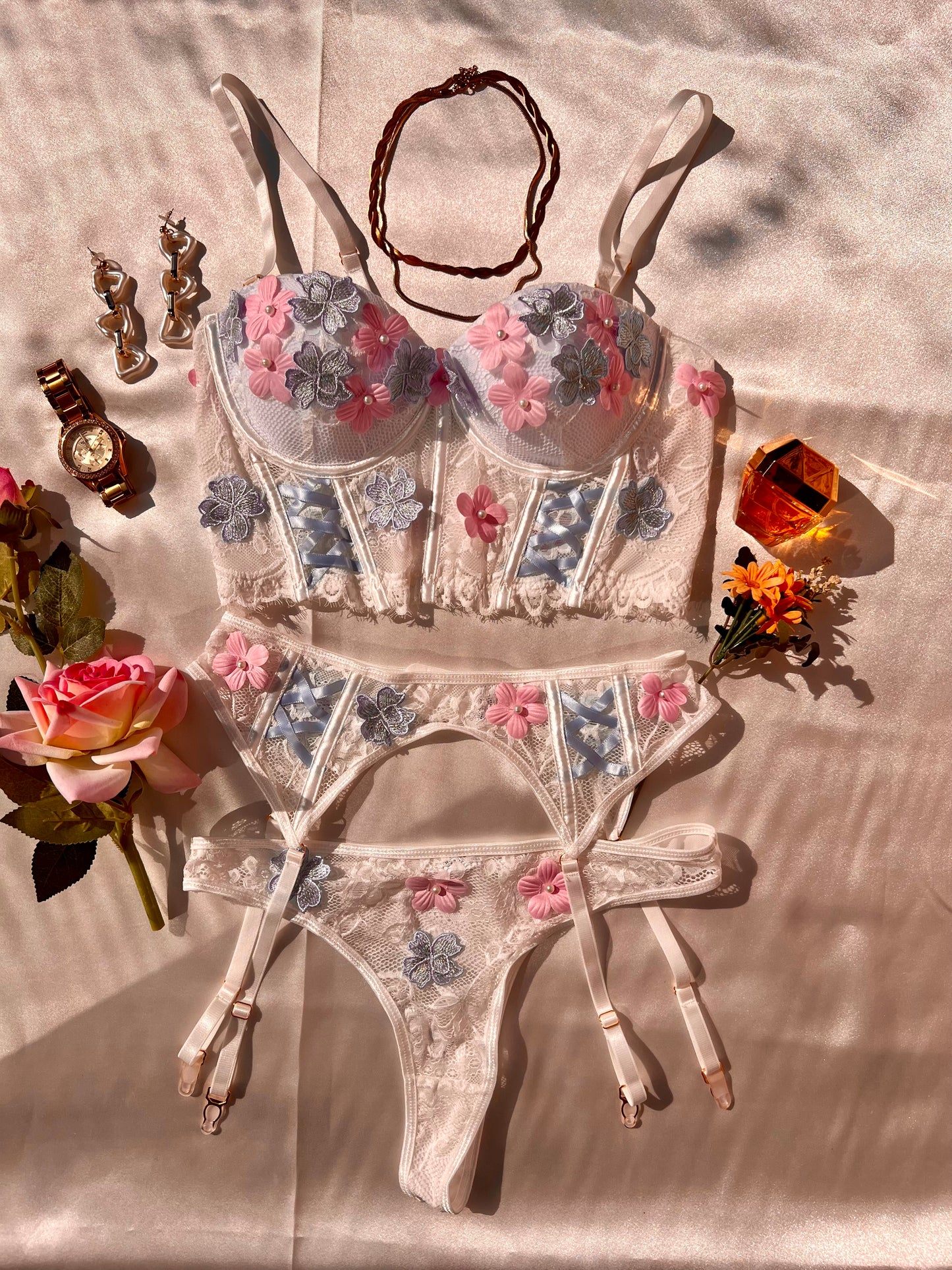 Captivating White Floral Lingerie Set with Stockings