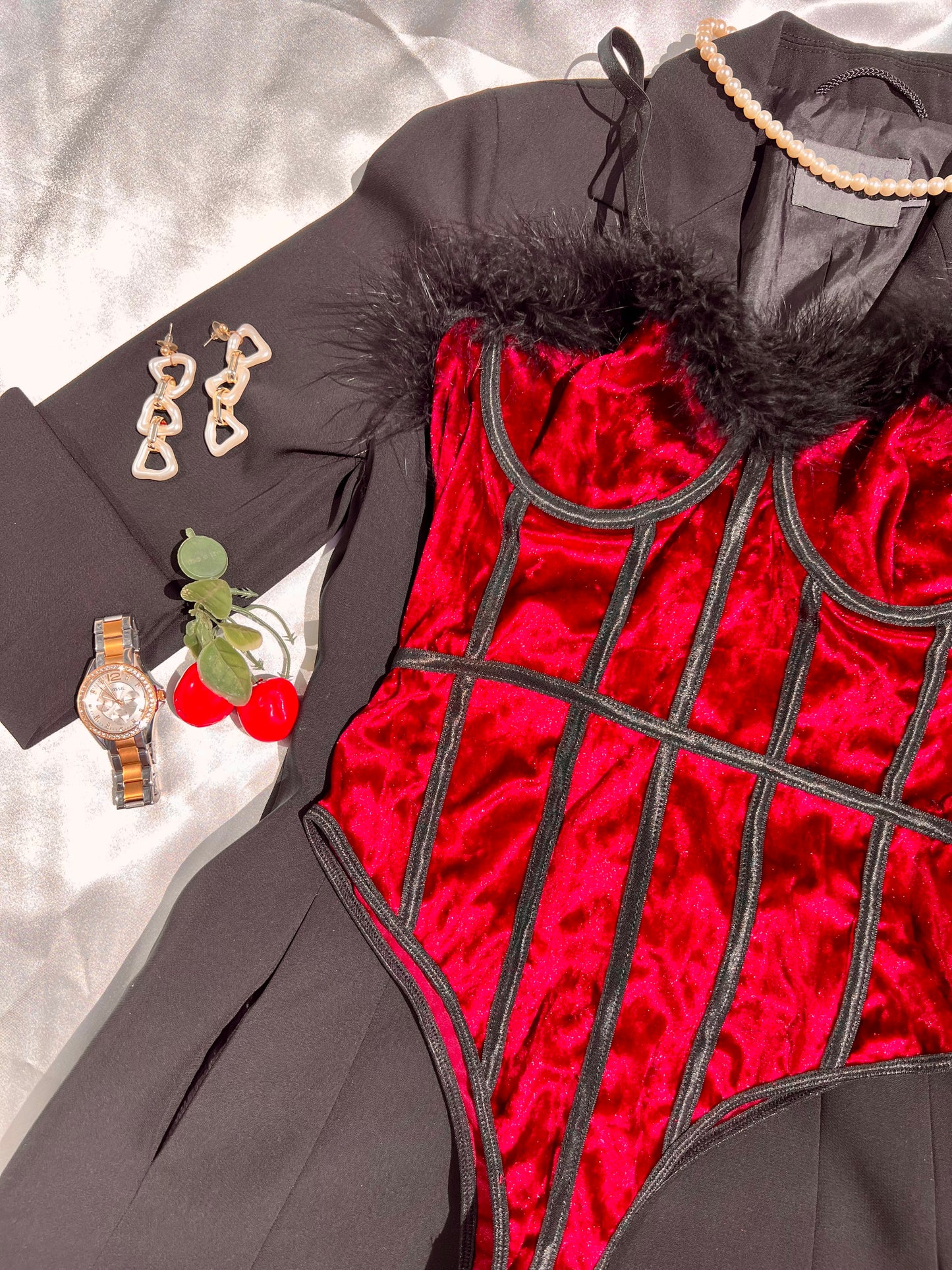 Royal Red and Black Velvety Lingerie