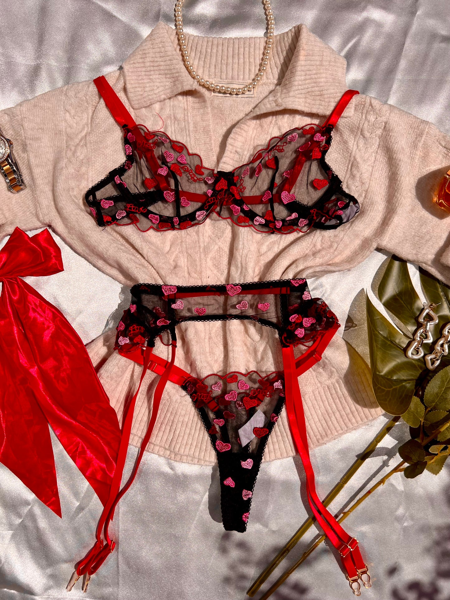 Flirty Red and Pink Heart Lingerie Set