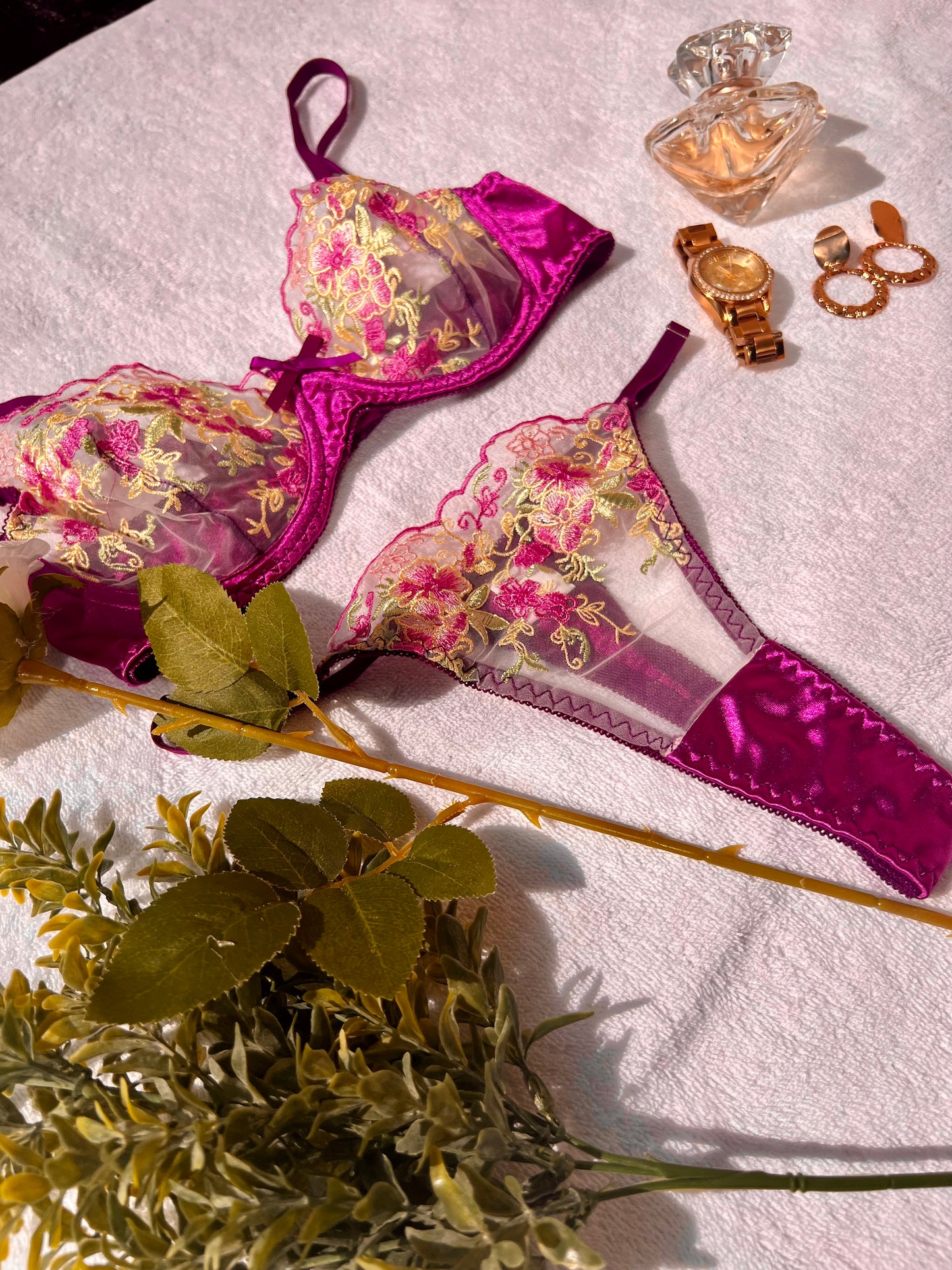 Floral Purple Satin and Mesh Lingerie